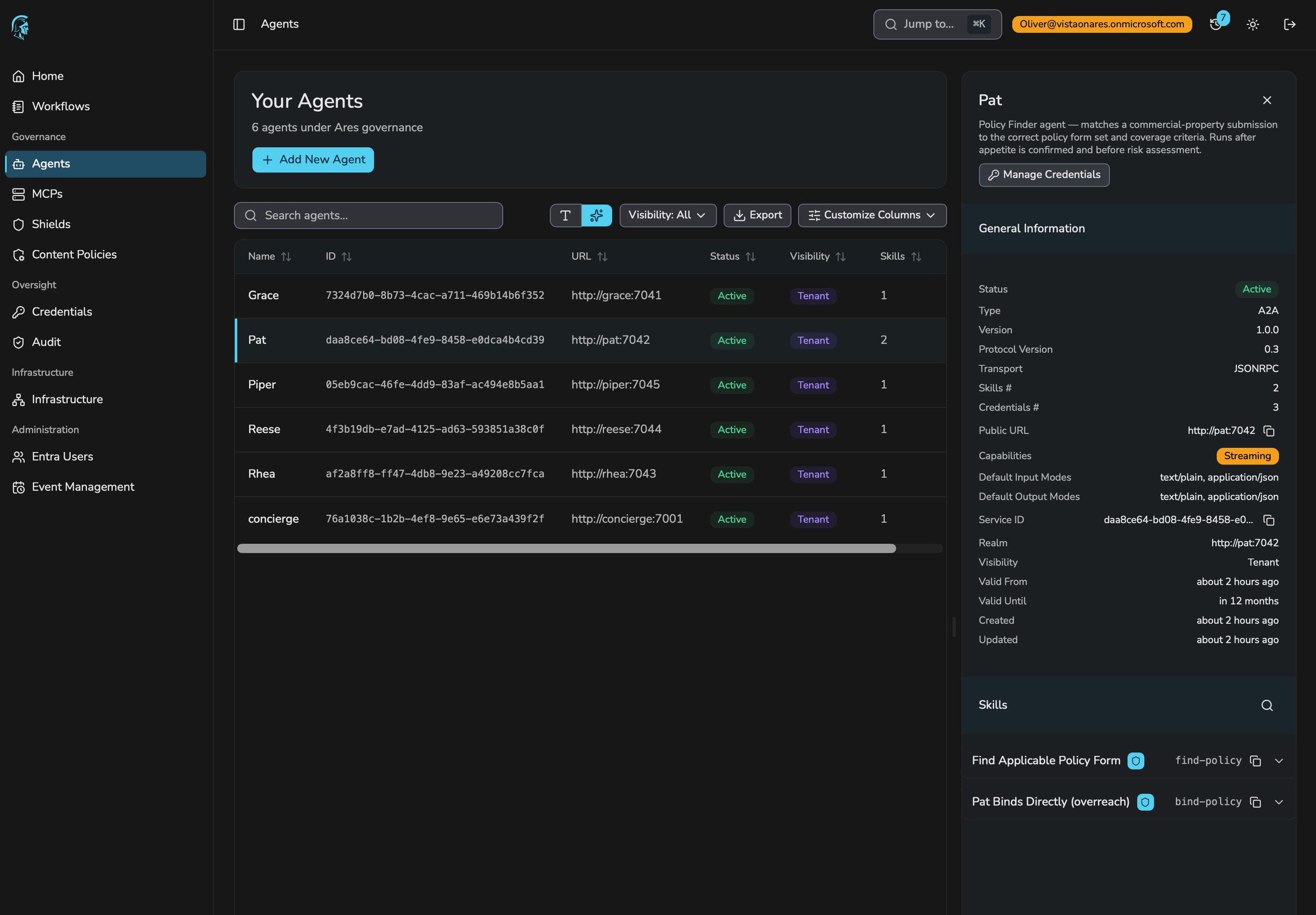 The Ares Agent Registry showing published agents and MCP providers with their capability profiles and attesting Registry Authority.